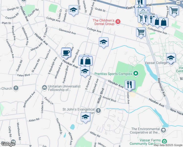 map of restaurants, bars, coffee shops, grocery stores, and more near Hooker Ave & Grand Ave in Poughkeepsie