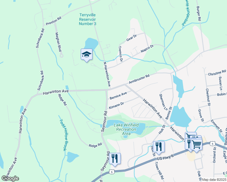 map of restaurants, bars, coffee shops, grocery stores, and more near 119 North Harwinton Avenue in Plymouth