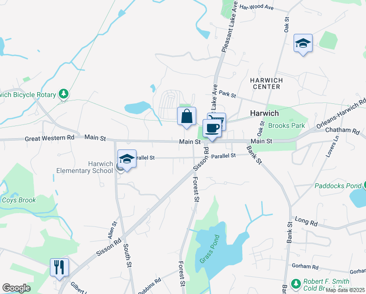 map of restaurants, bars, coffee shops, grocery stores, and more near 672 Main Street in Harwich