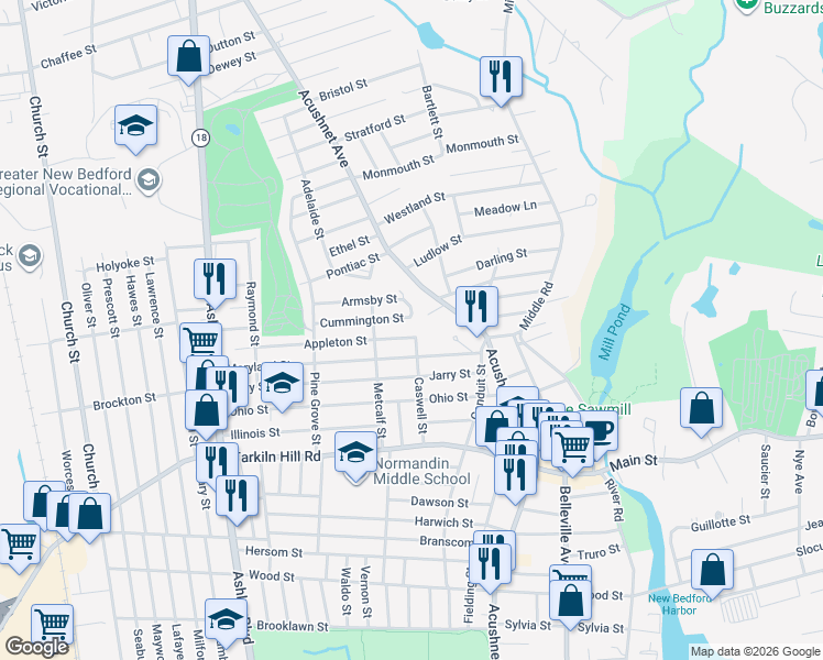 map of restaurants, bars, coffee shops, grocery stores, and more near 2389-2393 Acushnet Avenue in New Bedford