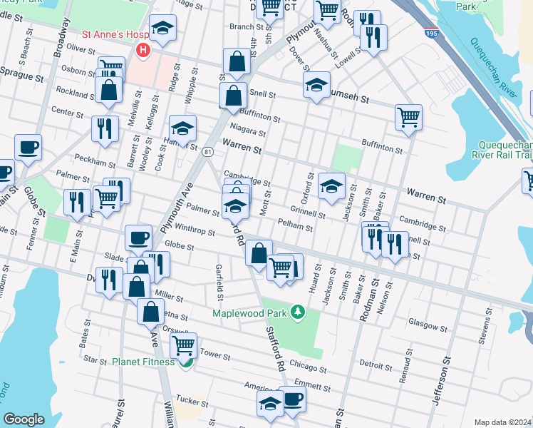 map of restaurants, bars, coffee shops, grocery stores, and more near 121 Grinnell Street in Fall River