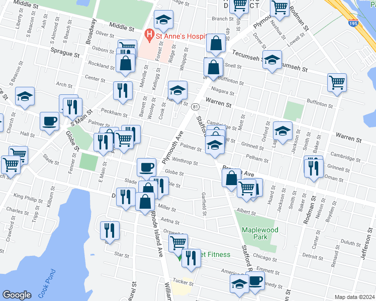 map of restaurants, bars, coffee shops, grocery stores, and more near 548 Palmer Street in Fall River