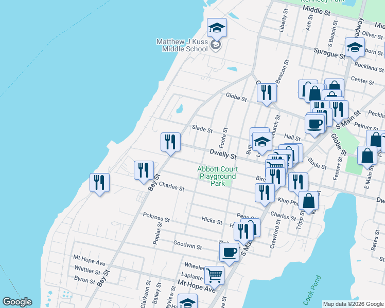 map of restaurants, bars, coffee shops, grocery stores, and more near 252 Dwelly Street in Fall River