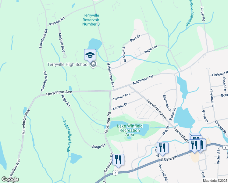 map of restaurants, bars, coffee shops, grocery stores, and more near 132 North Harwinton Avenue in Plymouth