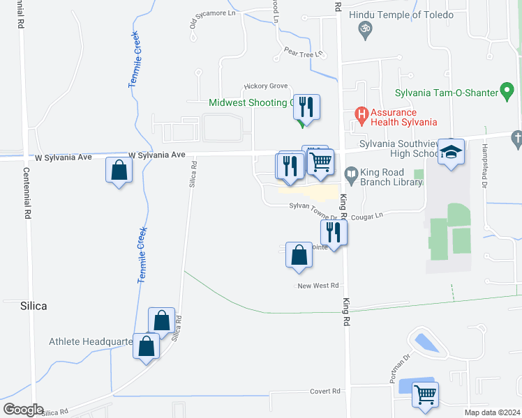 map of restaurants, bars, coffee shops, grocery stores, and more near 3860 Sylvan Lakes Boulevard in Sylvania
