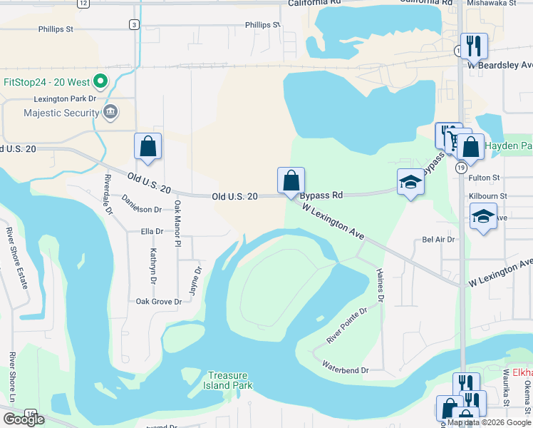map of restaurants, bars, coffee shops, grocery stores, and more near 2701 West Lexington Avenue in Elkhart