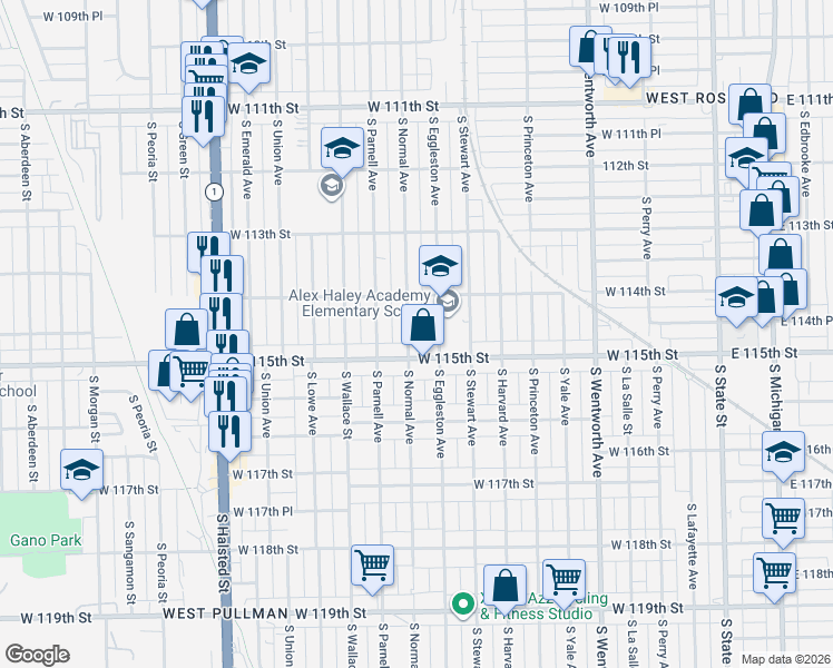 map of restaurants, bars, coffee shops, grocery stores, and more near 11413 South Normal Avenue in Chicago