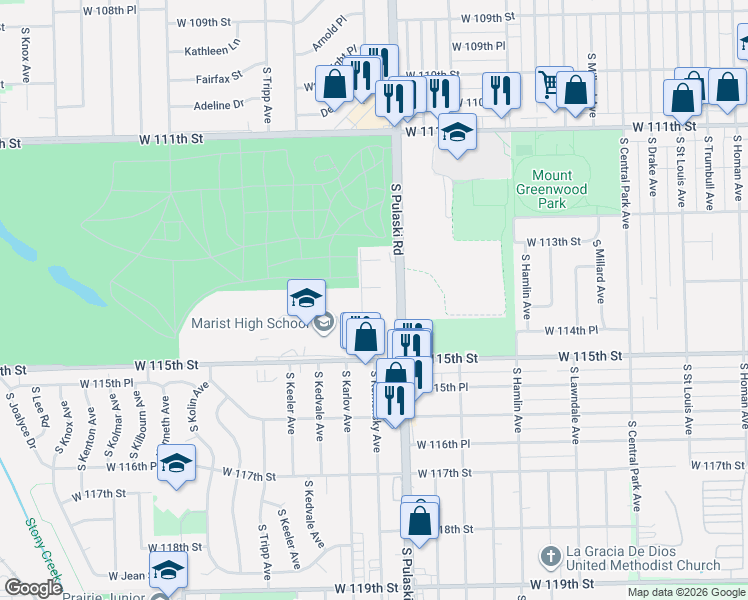 map of restaurants, bars, coffee shops, grocery stores, and more near 4060 West 115th Street in Chicago