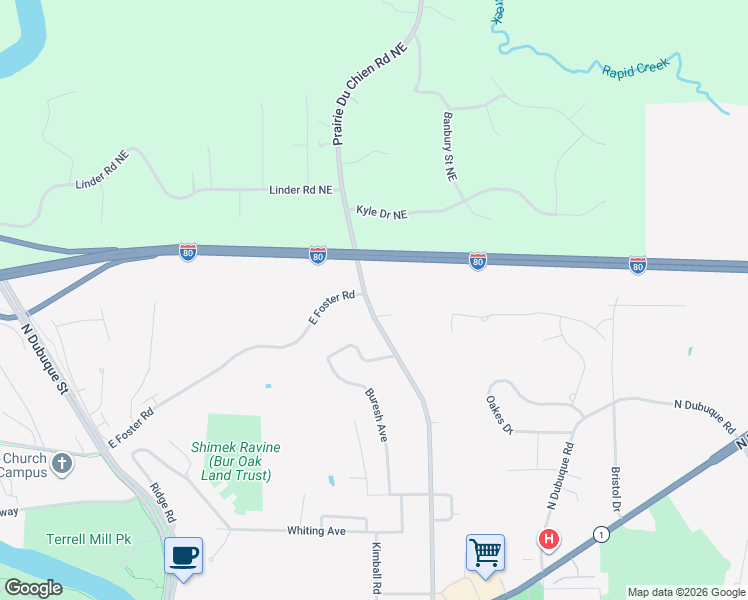 map of restaurants, bars, coffee shops, grocery stores, and more near 1902-1978 Prairie Du Chien Rd NE in Iowa City