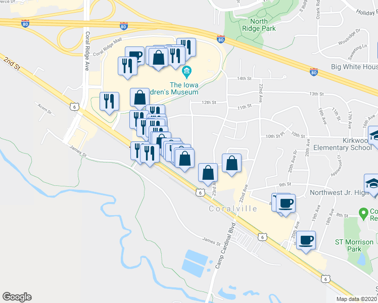 map of restaurants, bars, coffee shops, grocery stores, and more near 920B Boston Way in Coralville