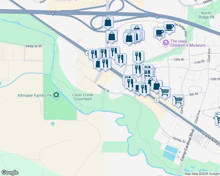 map of restaurants, bars, coffee shops, grocery stores, and more near 2651 James Street in Coralville