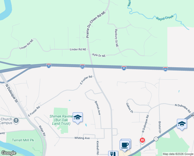 map of restaurants, bars, coffee shops, grocery stores, and more near 1902-1978 Prairie Du Chien Rd NE in Iowa City