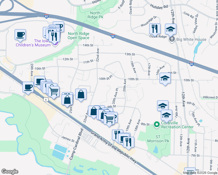 map of restaurants, bars, coffee shops, grocery stores, and more near 1502 21st Avenue Place in Coralville