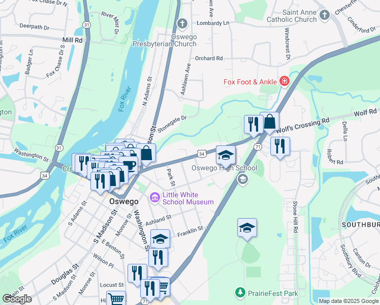 map of restaurants, bars, coffee shops, grocery stores, and more near 224 Chicago Road in Oswego