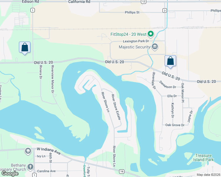 map of restaurants, bars, coffee shops, grocery stores, and more near 29421 River Shore Estates in Elkhart