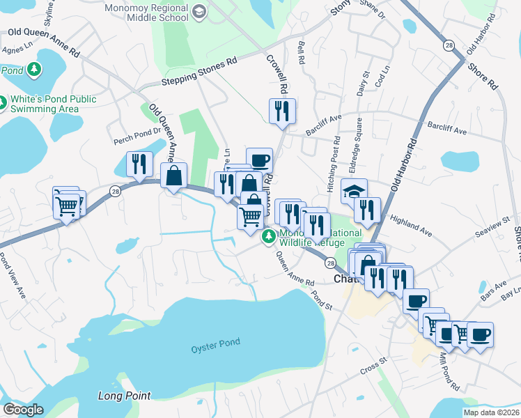 map of restaurants, bars, coffee shops, grocery stores, and more near 6i Munson Meeting Way in Chatham
