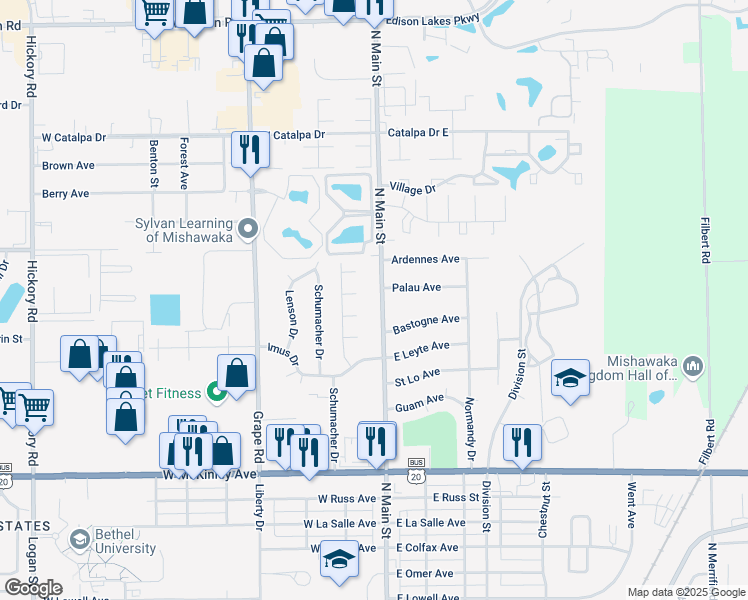 map of restaurants, bars, coffee shops, grocery stores, and more near 114 Woodland Court in Mishawaka