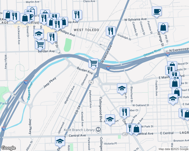 map of restaurants, bars, coffee shops, grocery stores, and more near North Detroit Avenue in Toledo