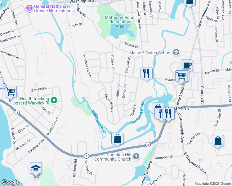 map of restaurants, bars, coffee shops, grocery stores, and more near 31 Aldrich Street in West Warwick