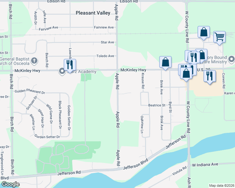 map of restaurants, bars, coffee shops, grocery stores, and more near 55763 Apple Road in Osceola