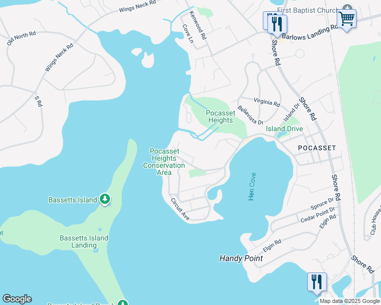 map of restaurants, bars, coffee shops, grocery stores, and more near 7 Monument Neck Road in Bourne