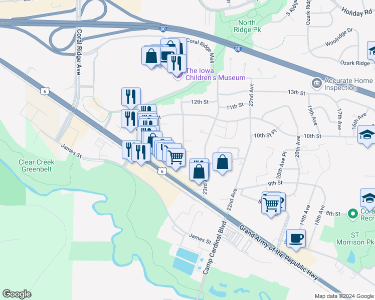 map of restaurants, bars, coffee shops, grocery stores, and more near 927 Boston Way in Coralville