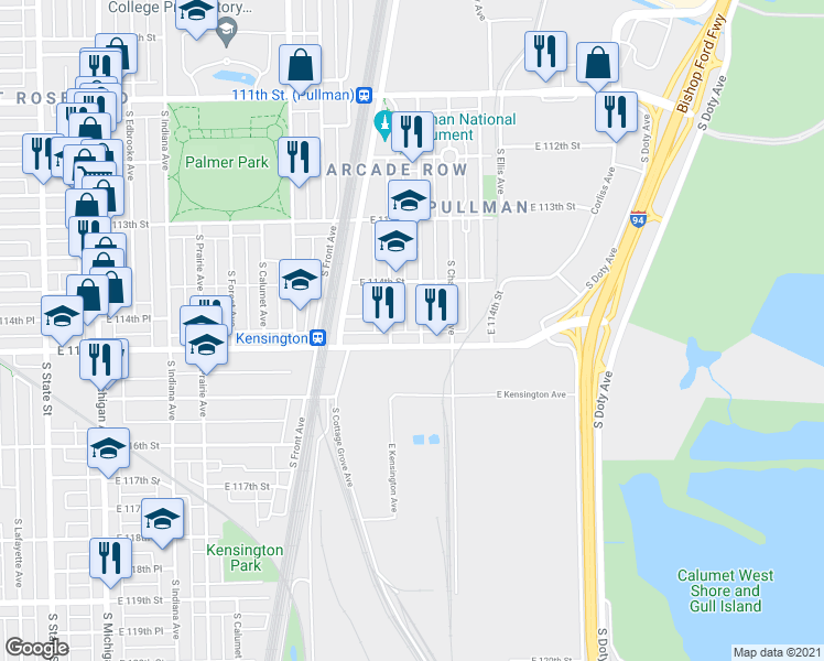 map of restaurants, bars, coffee shops, grocery stores, and more near 11448 S St Lawrence Ave in Chicago