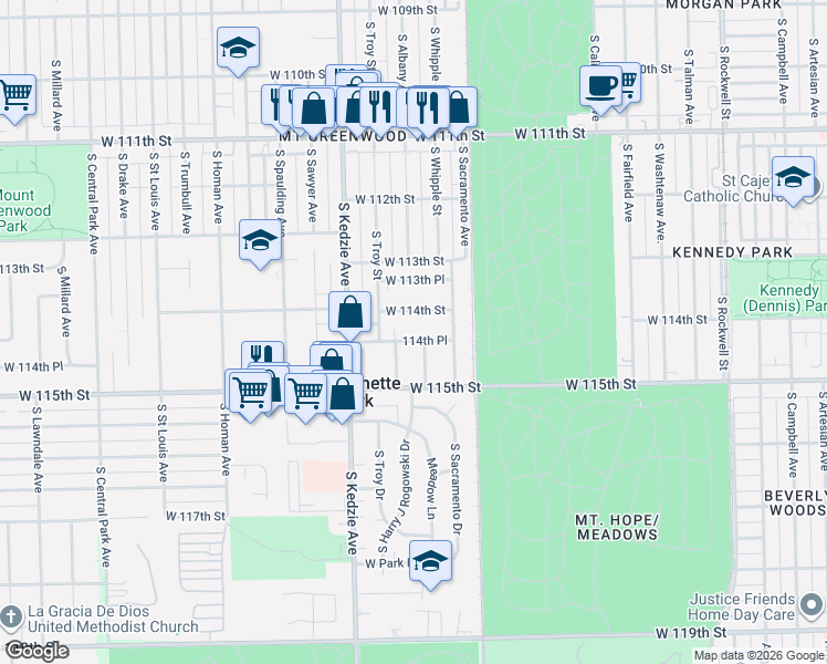 map of restaurants, bars, coffee shops, grocery stores, and more near 3041 West 114th Street in Merrionette Park