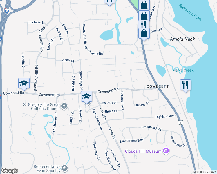 map of restaurants, bars, coffee shops, grocery stores, and more near 197 Cowesett Road in Warwick