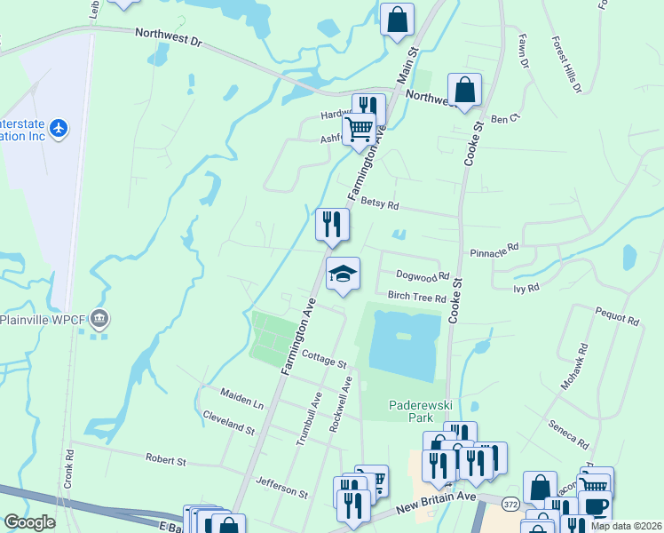 map of restaurants, bars, coffee shops, grocery stores, and more near 290 Farmington Avenue in Plainville