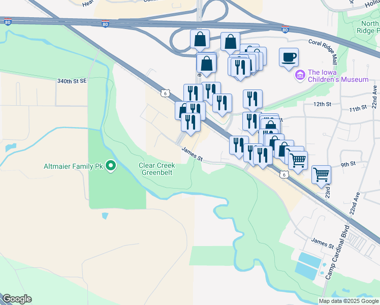 map of restaurants, bars, coffee shops, grocery stores, and more near 2651 James Street in Coralville