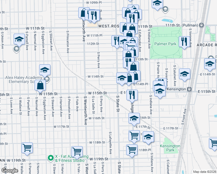 map of restaurants, bars, coffee shops, grocery stores, and more near 30 West 114th Place in Chicago