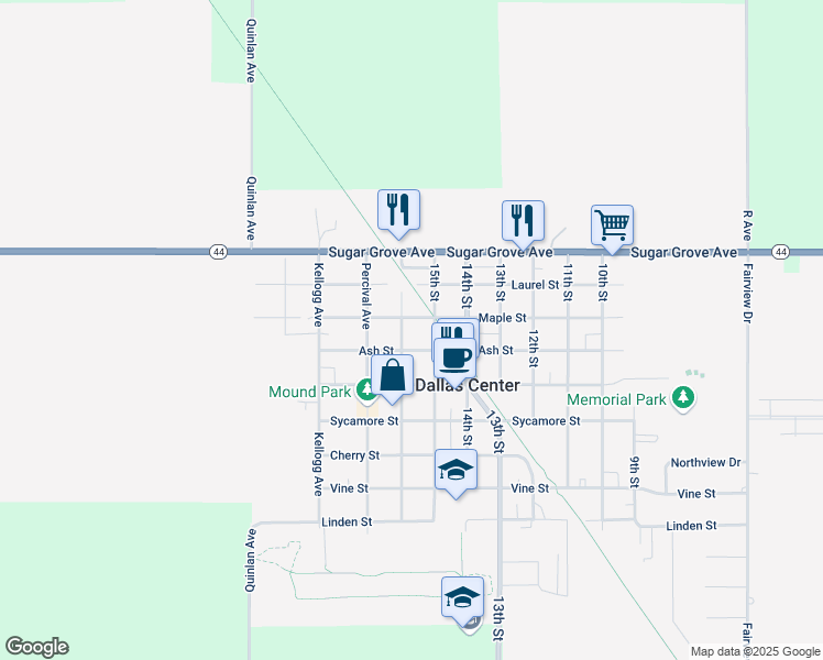map of restaurants, bars, coffee shops, grocery stores, and more near 1503 Maple Street in Dallas Center