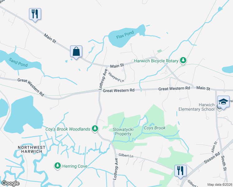 map of restaurants, bars, coffee shops, grocery stores, and more near 362 Great Western Road in Harwich