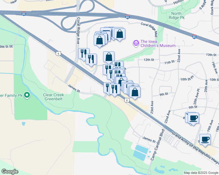 map of restaurants, bars, coffee shops, grocery stores, and more near 2451 Grand Army of the Republic Highway in Coralville