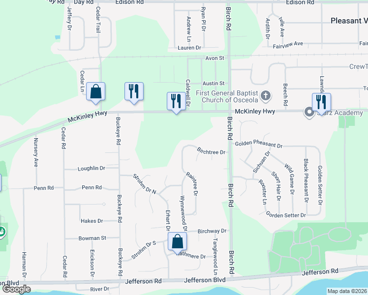map of restaurants, bars, coffee shops, grocery stores, and more near 11498 Birchtree Drive in Osceola