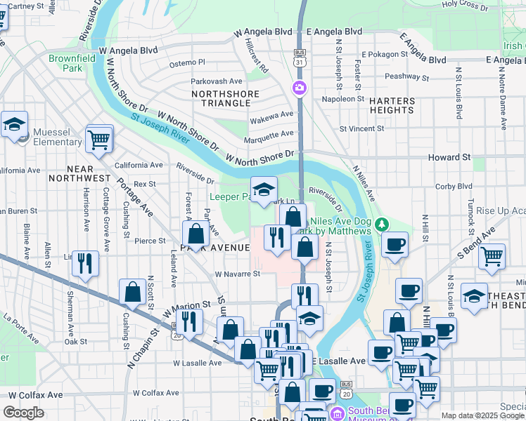 map of restaurants, bars, coffee shops, grocery stores, and more near 832 North Lafayette Boulevard in South Bend