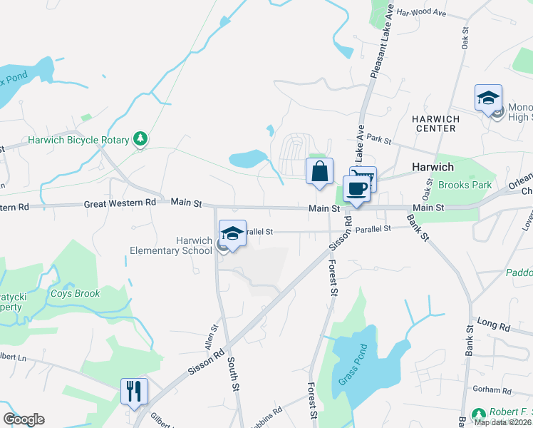 map of restaurants, bars, coffee shops, grocery stores, and more near 643 Main Street in Harwich