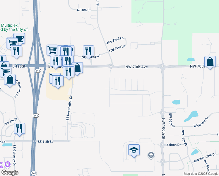 map of restaurants, bars, coffee shops, grocery stores, and more near Northwest 106th Street in Johnston