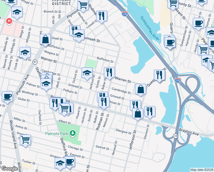 map of restaurants, bars, coffee shops, grocery stores, and more near 164 Baker Street in Fall River