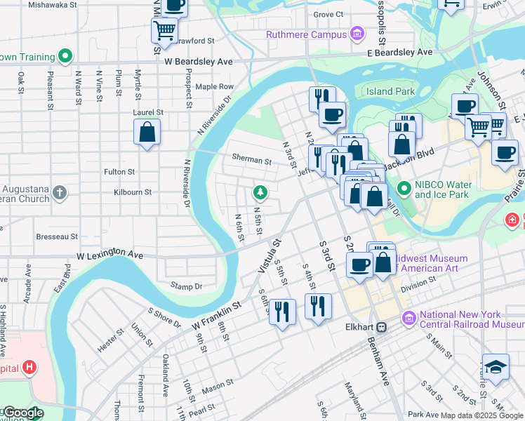 map of restaurants, bars, coffee shops, grocery stores, and more near 411 Brady Street in Elkhart