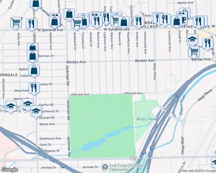 map of restaurants, bars, coffee shops, grocery stores, and more near 3528 Leybourn Avenue in Toledo