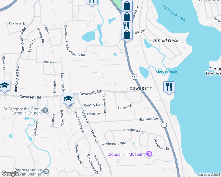 map of restaurants, bars, coffee shops, grocery stores, and more near 4 Tivoli Court in Warwick