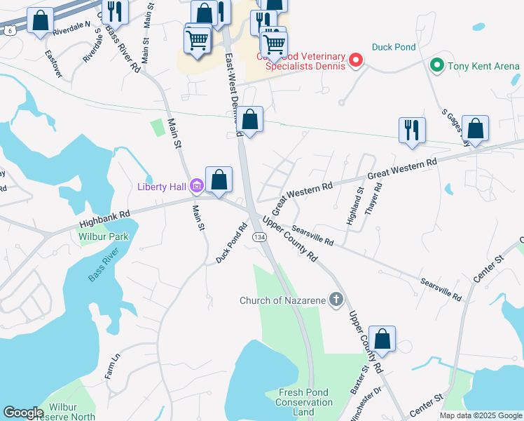 map of restaurants, bars, coffee shops, grocery stores, and more near 7 Great Western Way in Dennis