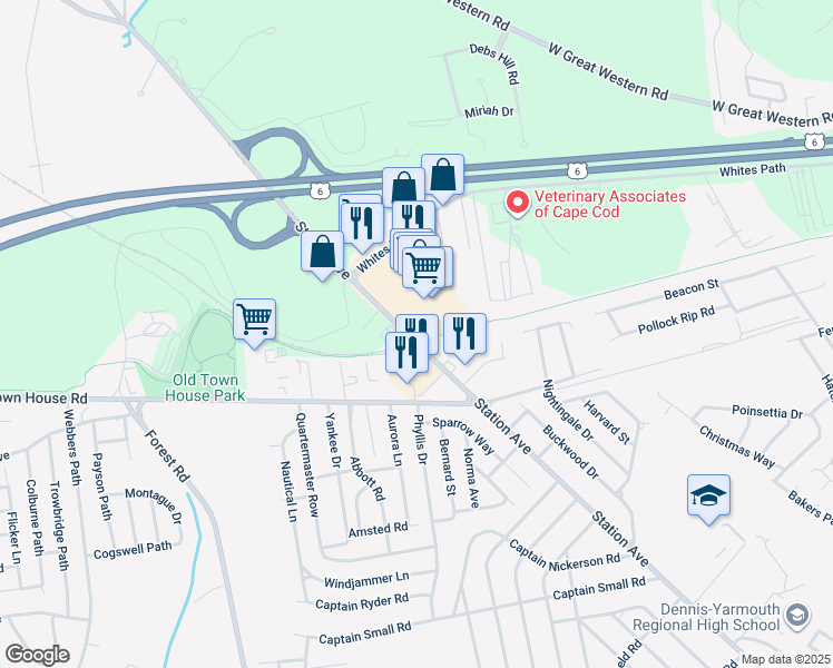 map of restaurants, bars, coffee shops, grocery stores, and more near 474 Station Avenue in Yarmouth