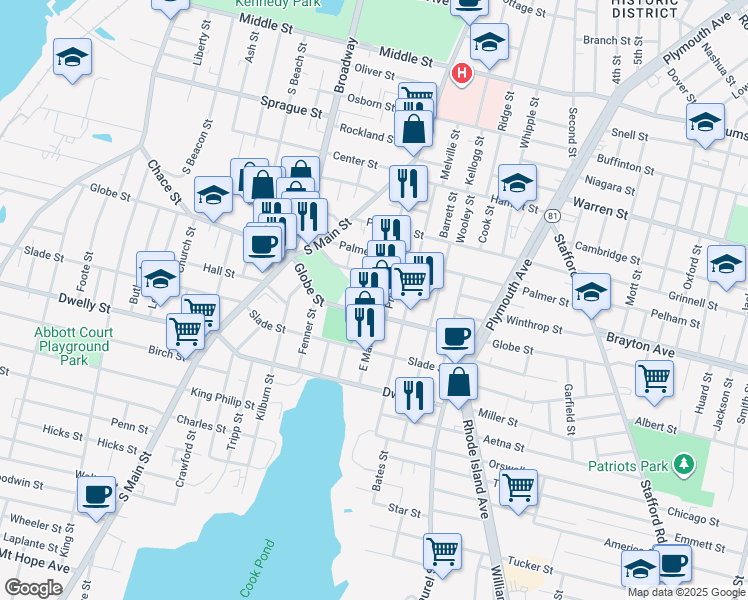 map of restaurants, bars, coffee shops, grocery stores, and more near 303 East Main Street in Fall River