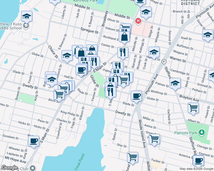 map of restaurants, bars, coffee shops, grocery stores, and more near 83 Wilbur Street in Fall River