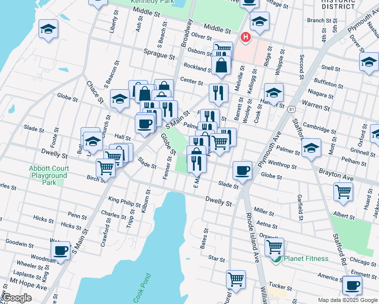 map of restaurants, bars, coffee shops, grocery stores, and more near 83 Wilbur Street in Fall River