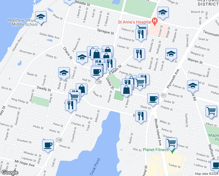 map of restaurants, bars, coffee shops, grocery stores, and more near 615 Globe Street in Fall River