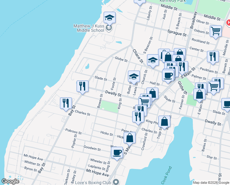 map of restaurants, bars, coffee shops, grocery stores, and more near 20 Fern Street in Fall River